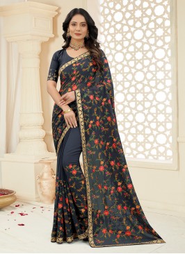 Jazzy Grey Resham Georgette Classic Designer Saree