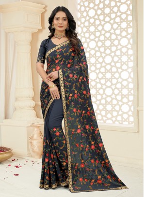 Jazzy Grey Resham Georgette Classic Designer Saree