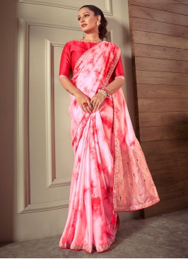 Jazzy Lace Crepe Silk Pink and White Classic Saree