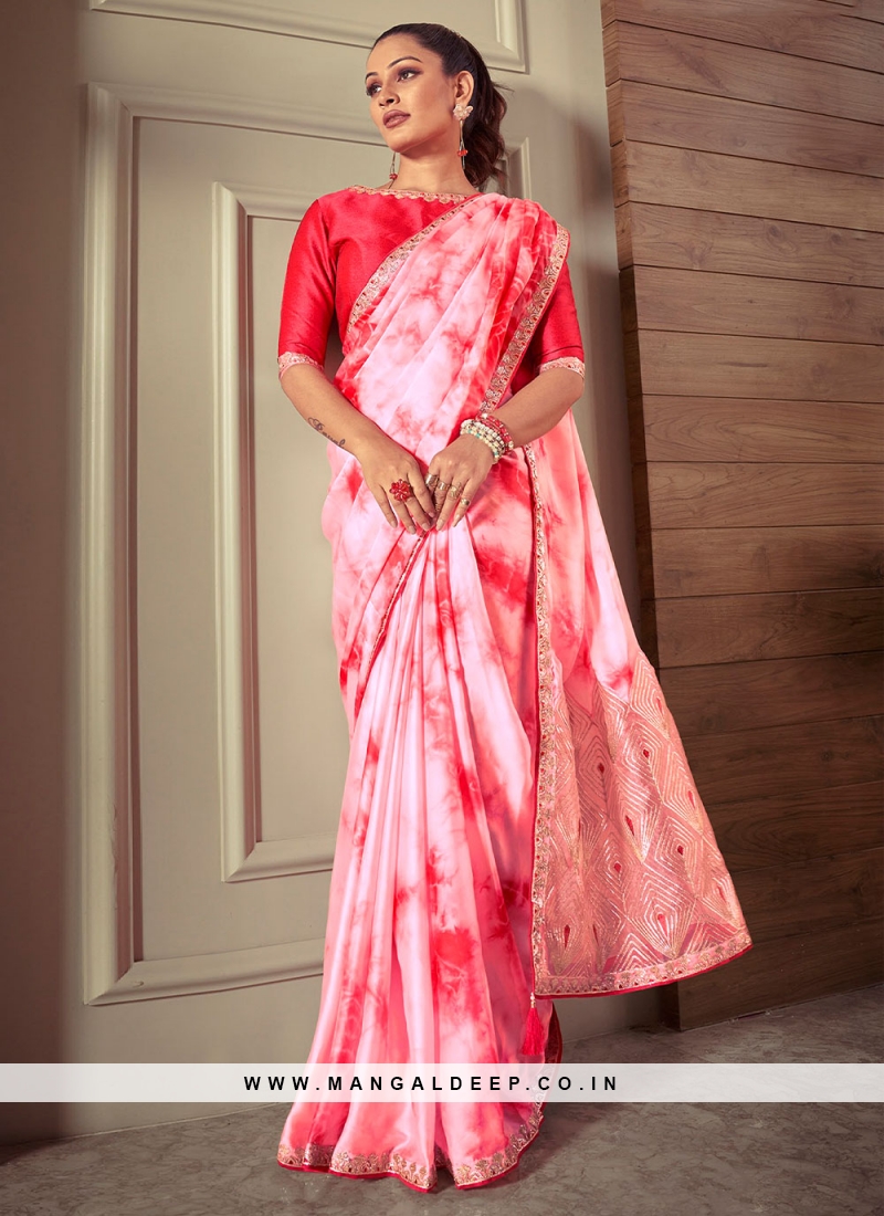 Jazzy Lace Crepe Silk Pink and White Classic Saree