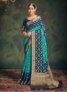 Jazzy Pure Georgette Weaving Aqua Blue and Teal Contemporary Saree