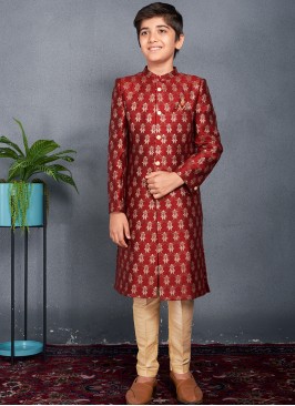 Junior Regal Marron Jaquard Sherwani Trouser Set.