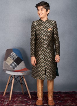 Junior Royalty Green Banarasi Brocade Sherwani Trouser Set.