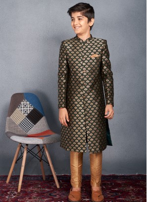 Junior Royalty Green Banarasi Brocade Sherwani Trouser Set.