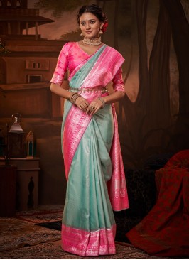 Kanchipuram Silk Weaving Blue and Pink Saree