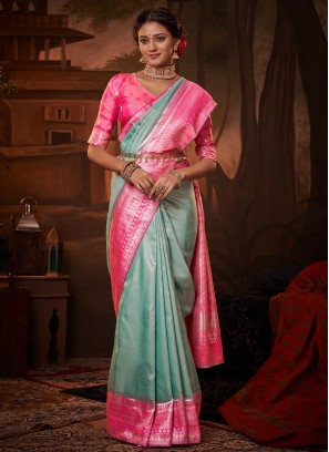 Kanchipuram Silk Weaving Blue and Pink Saree