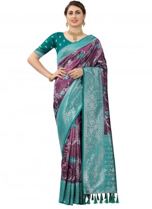 Kanjivaram Silk Aqua Blue and Purple Weaving Classic Saree
