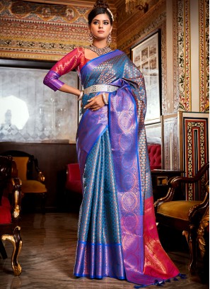 Kanjivaram Silk Blue Weaving Classic Saree