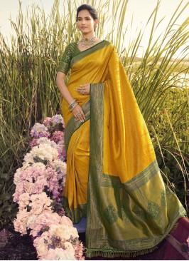 Kanjivaram Silk Green and Mustard Trendy Saree