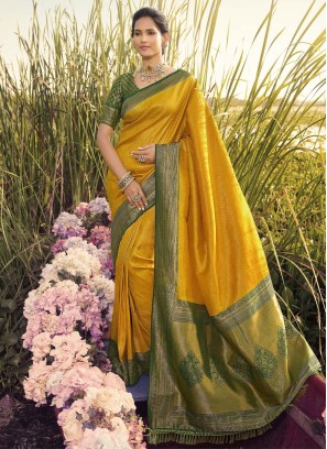 Kanjivaram Silk Green and Mustard Trendy Saree