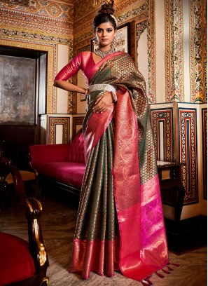 Kanjivaram Silk Green and Rani Weaving Contemporary Saree