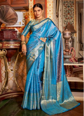 Kanjivaram Silk Zari Classic Saree in Aqua Blue