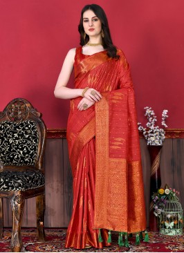 Katan Silk Border Red Classic Saree