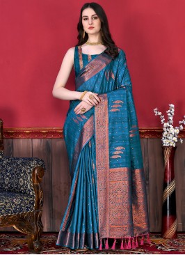 Katan Silk Morpeach  Border Contemporary Style Saree