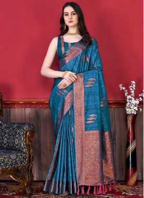 Katan Silk Morpeach  Border Contemporary Style Saree