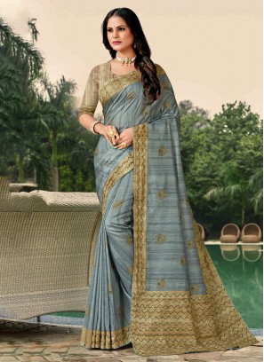 Katha Tussar Silk Contemporary Saree in Blue