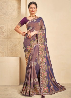 Khadi Silk Embroidered Classic Saree in Purple