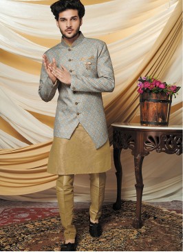 Khaki Kurta With Floral Print Jacket