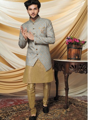 Khaki Kurta With Floral Print Jacket