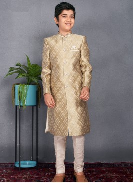 Kid's Pista Green Digital Print Sherwani Trouser Set.