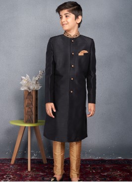 Kid's Sherwani Trouser Set - Black Top, Chikoo Bottom.