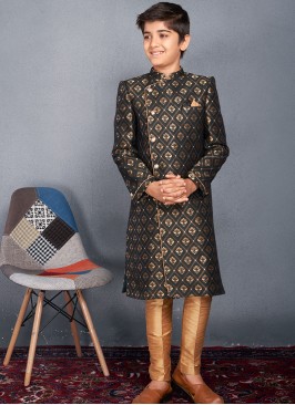 Kids' Jacquard Dark Green Sherwani Trouser Set with Chikoo Art Silk Bottom.