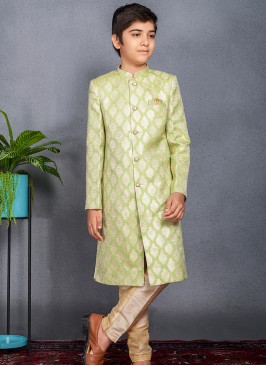Kids' Regal Jacquard Sherwani Trouser Set - Pista Top, Gold Bottom.
