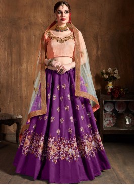 Lace Raw Silk Lehenga Choli in Purple