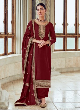 Lace Silk Trendy Salwar Kameez in Maroon