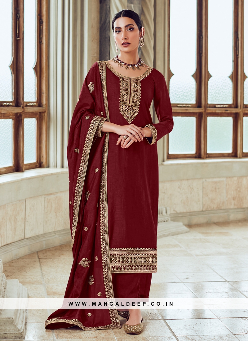 Lace Silk Trendy Salwar Kameez in Maroon