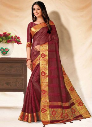 Latest Banarasi Silk Embroidered Magenta Trendy Saree