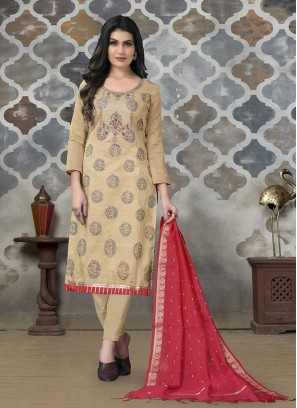Latest Beige Color Chanderi Dress Material