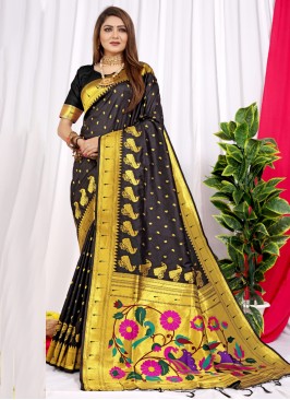 Latest Black Weaving Silk Trendy Saree