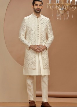 Latest Cream Terry Rayon Indowestern Suit For Wedd