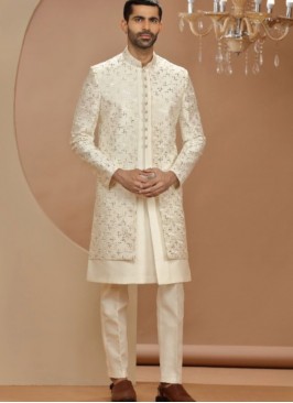 Latest Cream Terry Rayon Indowestern Suit For Wedding