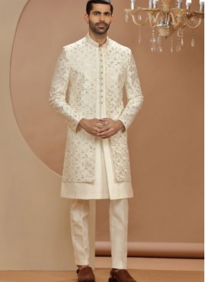 Latest Cream Terry Rayon Indowestern Suit For Wedding