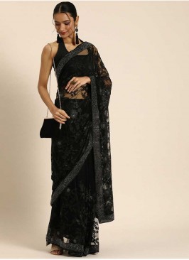 Latest Design Black Color Net Party Wear Saree