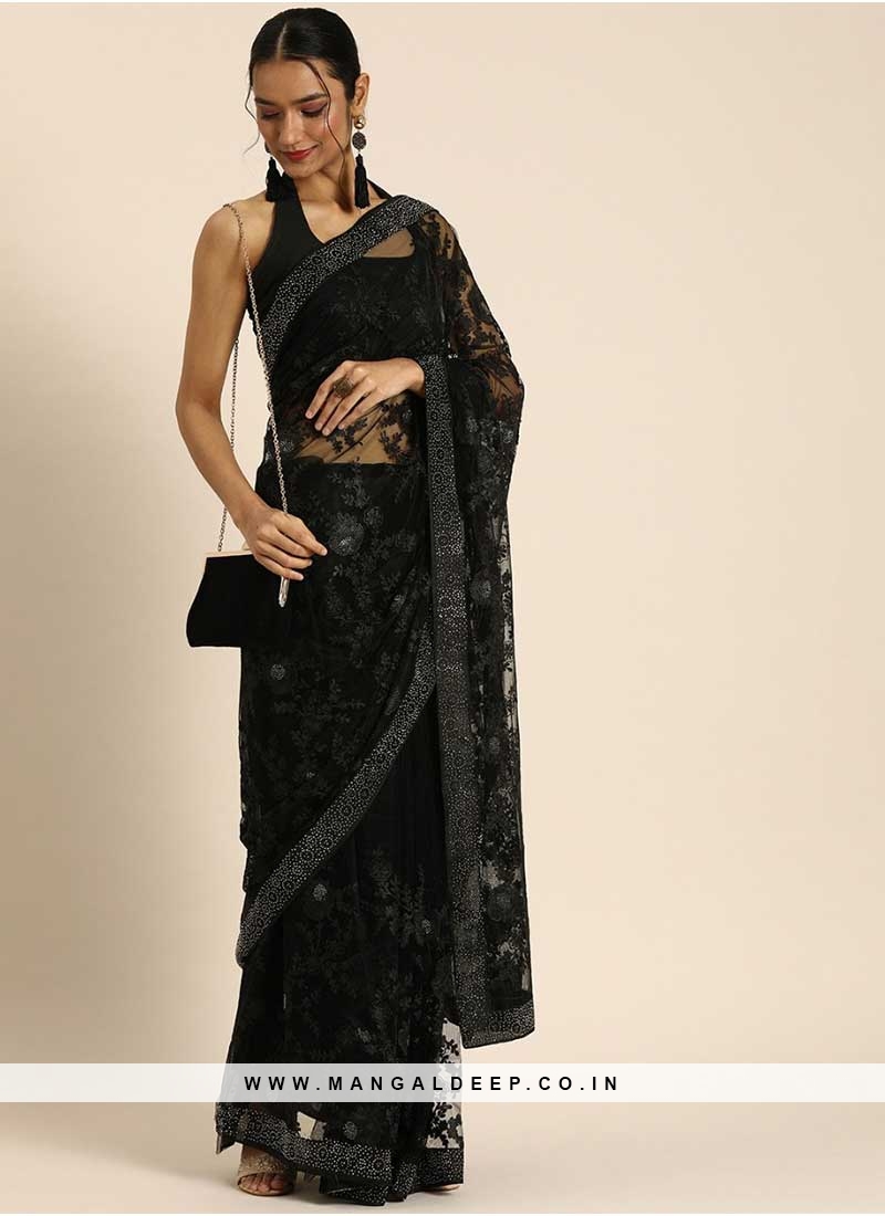 Latest Design Black Color Net Party Wear Saree