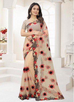 Latest Embroidered Brown Net Saree