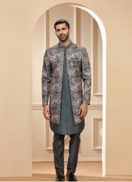 Latest Grey Raw Silk Printed Indowestern Suit