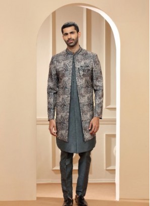 Latest Grey Raw Silk Printed Indowestern Suit
