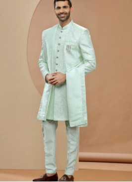 Latest Mint Green Terry Rayon Indowestern Suit