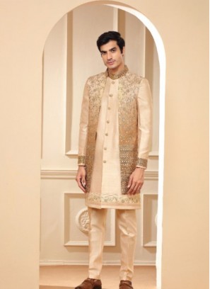 Latest Silk Indowestern Suit In Cream Colour