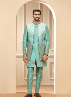 Latest Silk Mint Green Indowestern Suit For Wedding