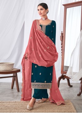 Latest Teal Embroidered Georgette Pakistani Salwar Suit