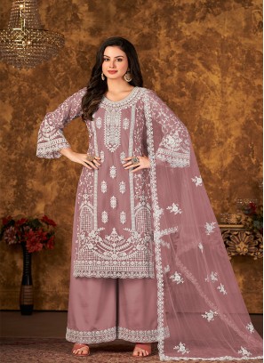 Lavendar Color Embroidered work Net Semi Stitched  Suit