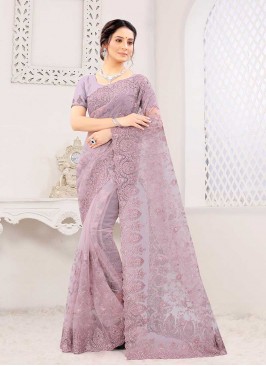 Lavender Color Net Festive Wear Saree