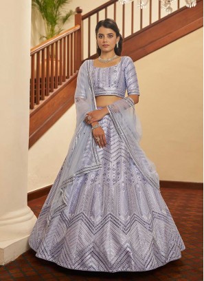 Lavender Color Silk Thread Work Sangeet Wear Lehenga