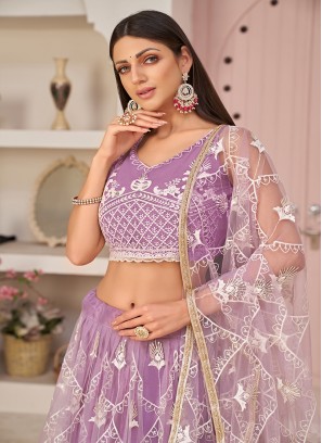 Lavender Colour Butterfly Net Embroidered Work Lehenga