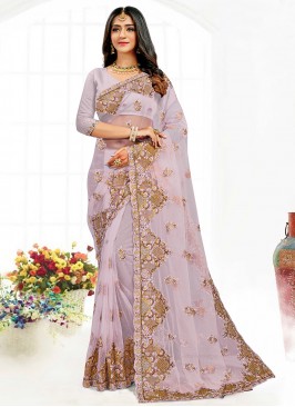 Lavender Embroidered Net Classic Saree